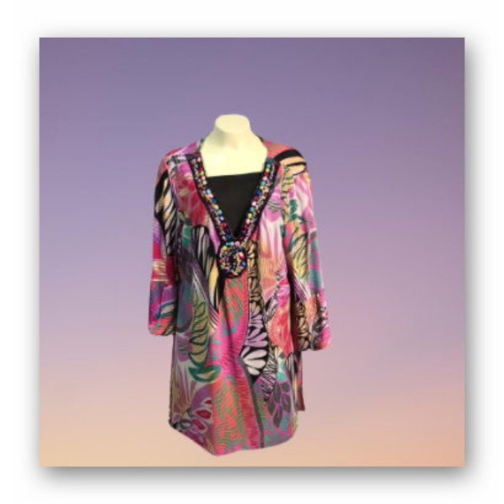 Laura Max stretchy 3/4 sleeve tunic top V-neck embellished 1 piece  Plus 2X